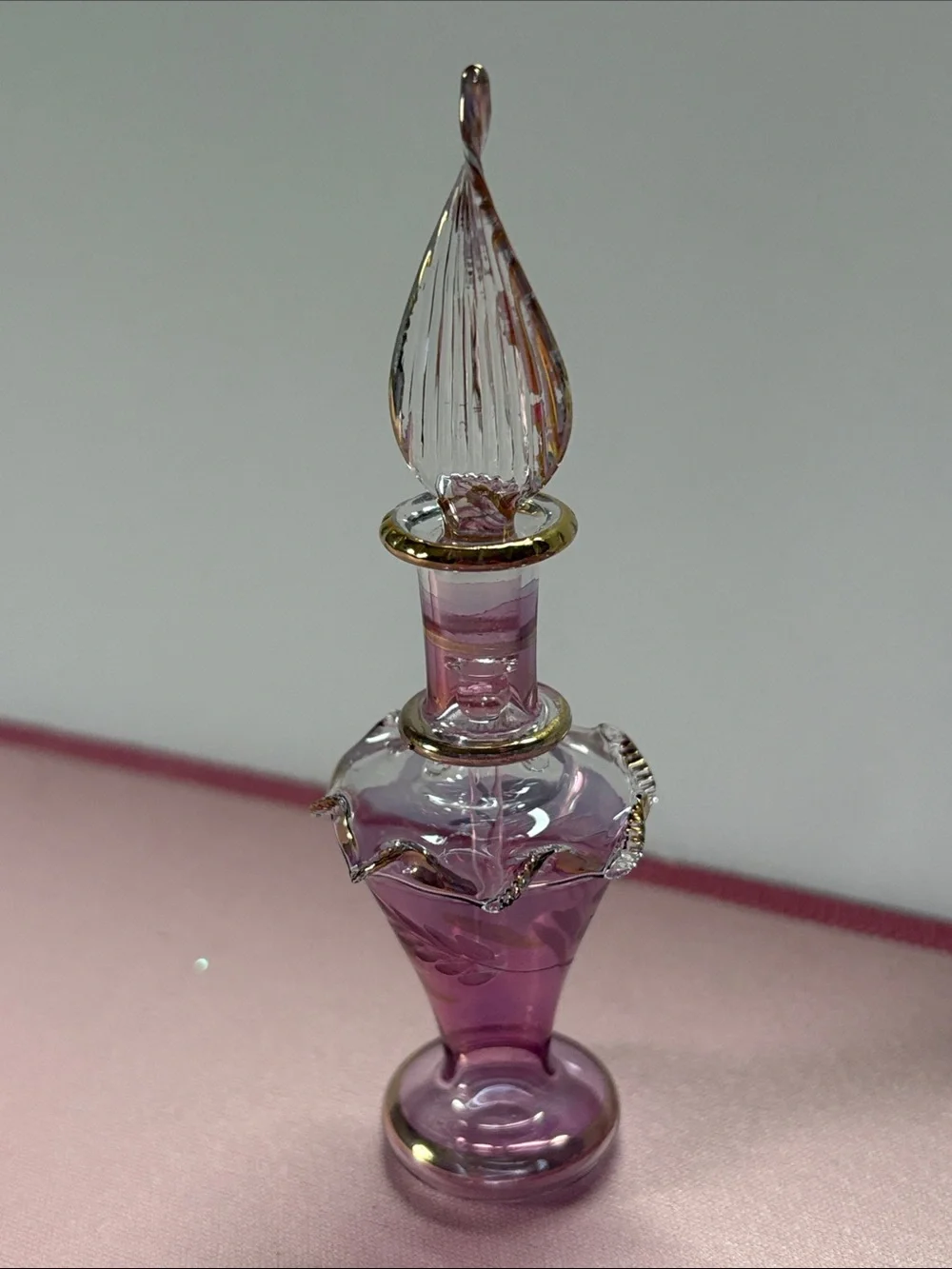 Elegant Egyptian Handblown Lavender Glass Bottle with Gold Trim